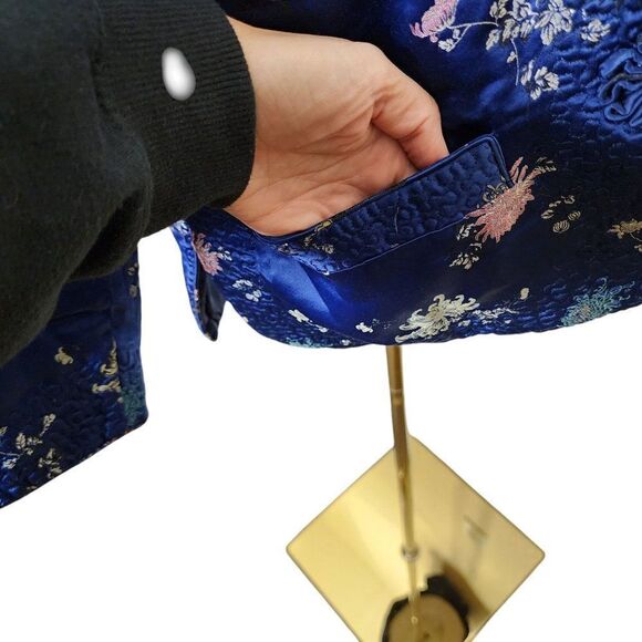 Vintage Peony Traditional Chinese Jacket Frog Buttons Womens Size M Blue Quilted - Picture 7 of 9